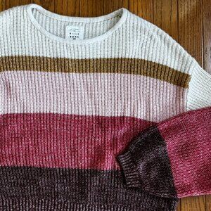 Billabong Boho Cropped Sweater - Earthy Rainbow Stripes - Beachy Chic - Large